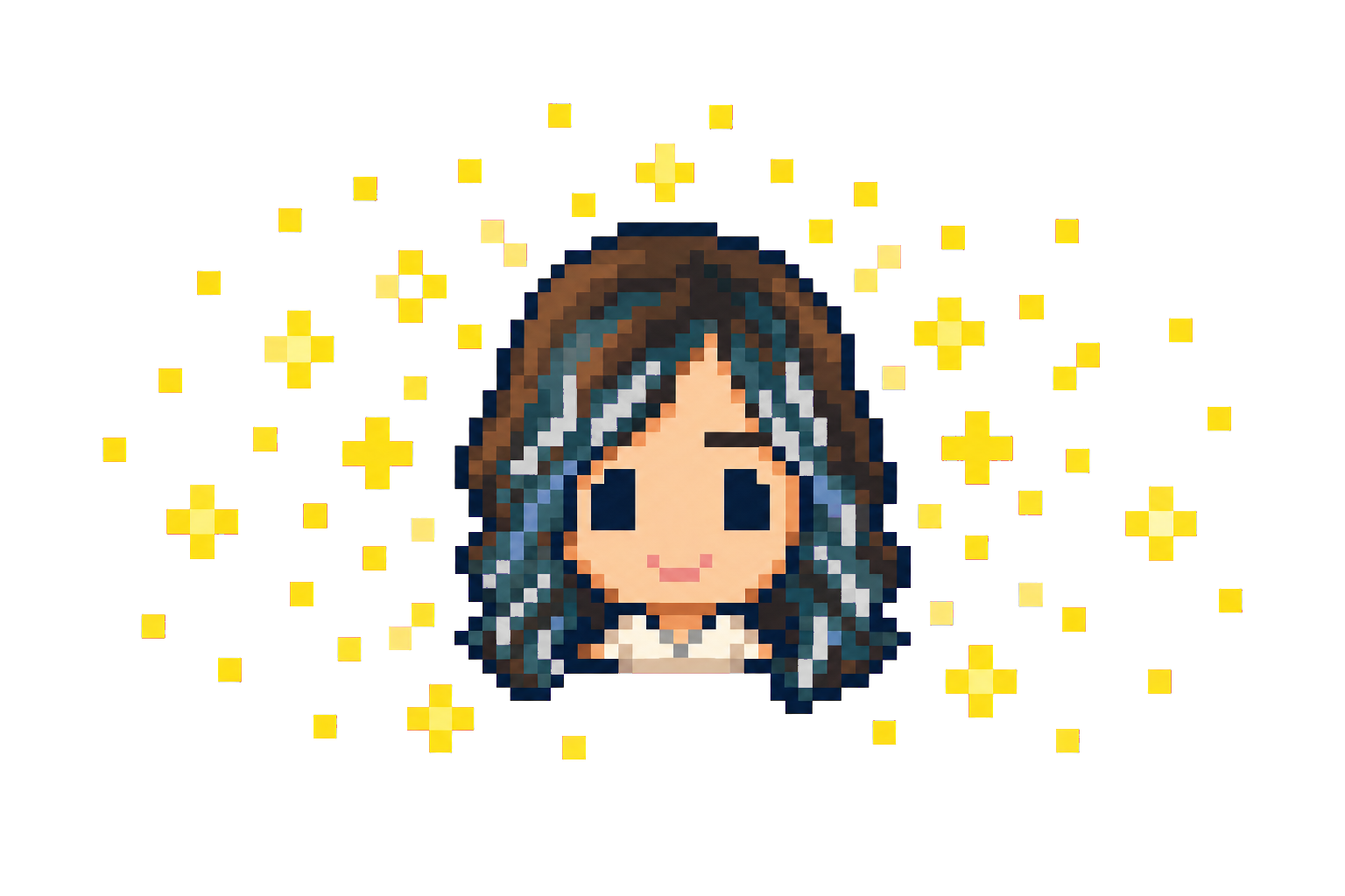 Ritratto in pixel art di Beatrice con aura dorata.