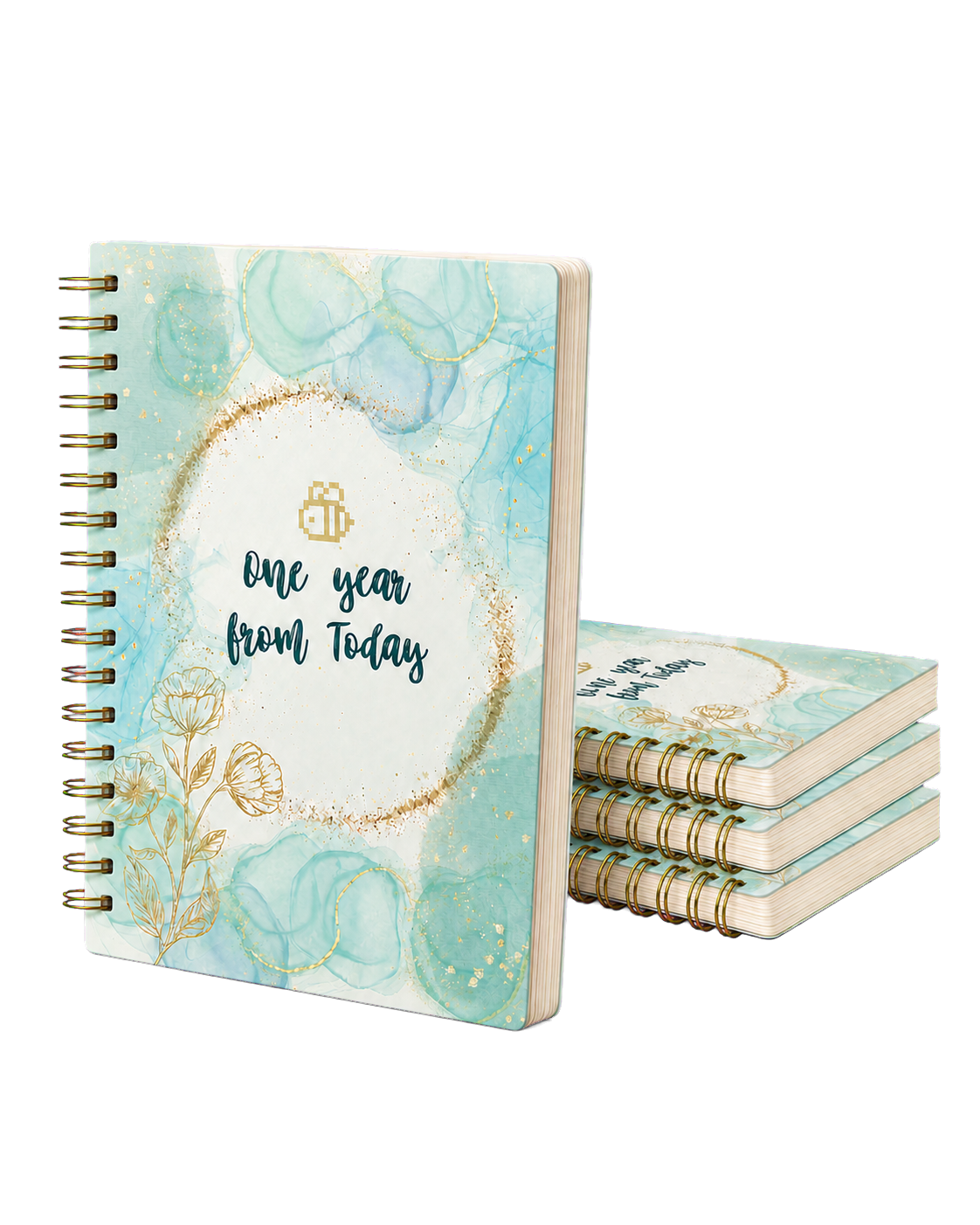 Mockup trasparente di più copie del Pixel Journal, con spirale dorata e copertina turchese.