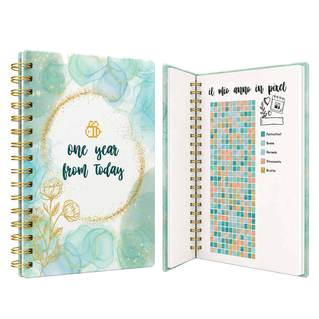 Mockup trasparente del Pixel Journal: una copia chiusa e una aperta sul tracker colorato Il mio anno in pixel.